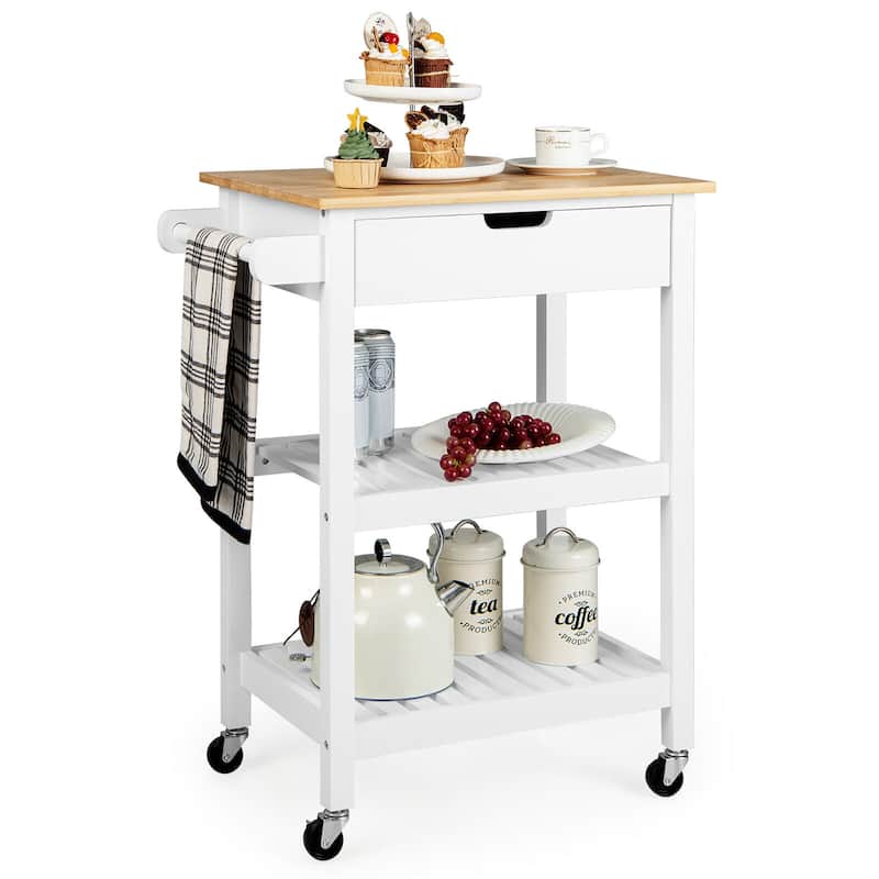 Gymax 3-Tier Kitchen Island Cart Rolling Service Trolley w/ Bamboo Top - White