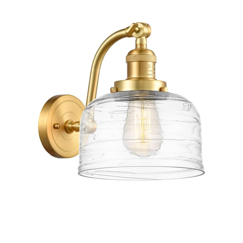 Innovations Lighting 515-1W-12-8 Bell Sconce Bell 12" Tall Wall Sconce - Satin Gold / Clear Deco Swirl