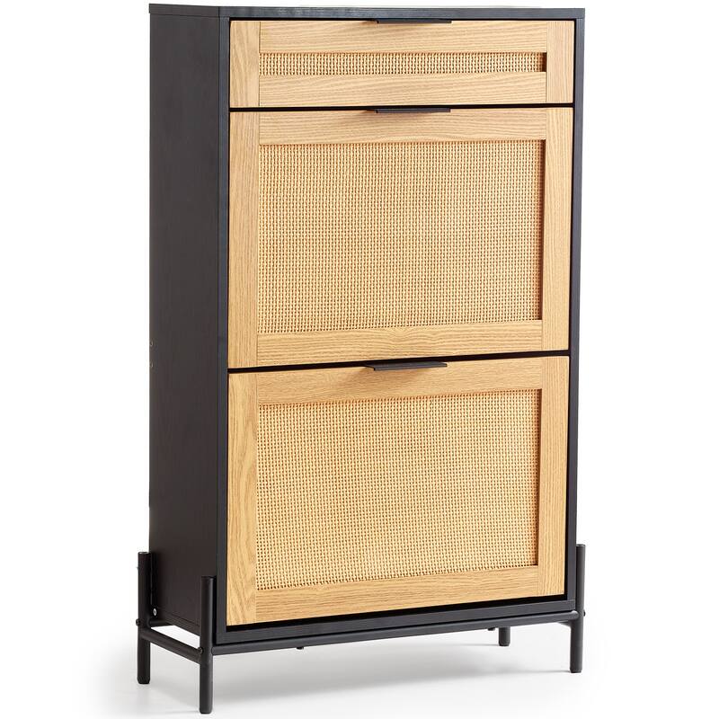 Rossetta Narrow Space-Saving Design Rattan Shoe Cabinet with Flip Rattan Drawers