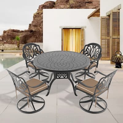 5 Pcs Aluminum Outdoor Dining Set, All-Weather Patio Furniture Set with 4 Cushioned Swivel Rocker Chairs and Round Table