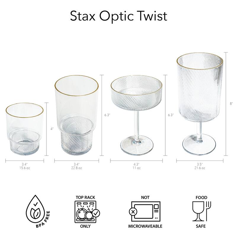 Abode Homewares Stax Optic Acrylic Twist Stemmed Coupe Glass - Clear with Gold Rim - 11 oz - Set of 6