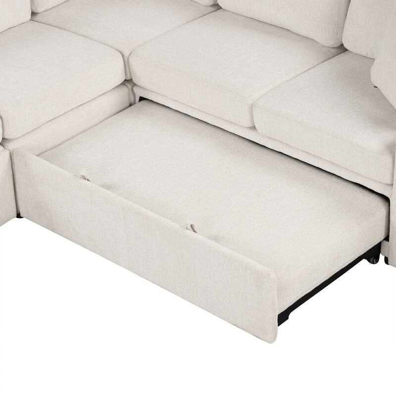 107.1" U-shaped Beige Chenille Convertible Pull-out Sectional Sofa Bed for Living Room