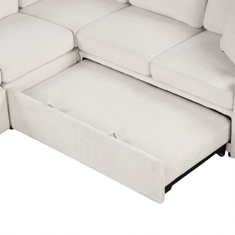 Convertible Sectional Sofa with Pull-out Sofa Bed and Dual Cup Holders