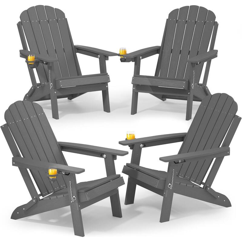 WINSOON Outdoor All-Weather HDPE Folding Adirondack Chair with Cup Holder & Adjustable Back Set of 4 - Grey