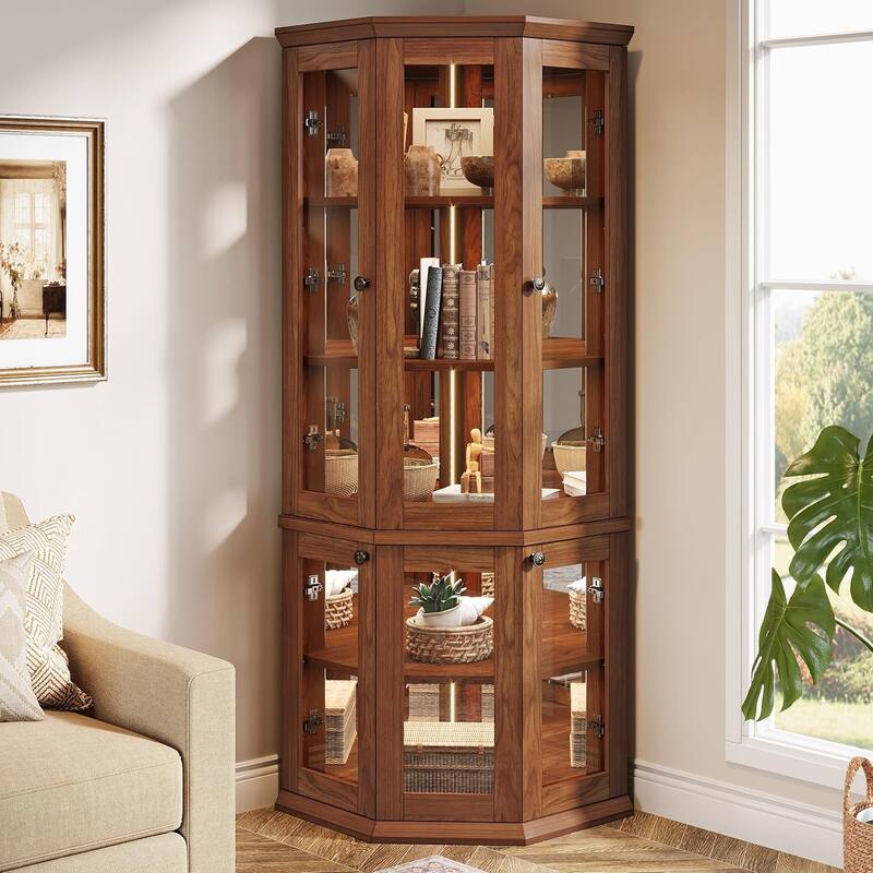 71 Inches Tall Corner Cabinet with Doors & LED Lights, Brown