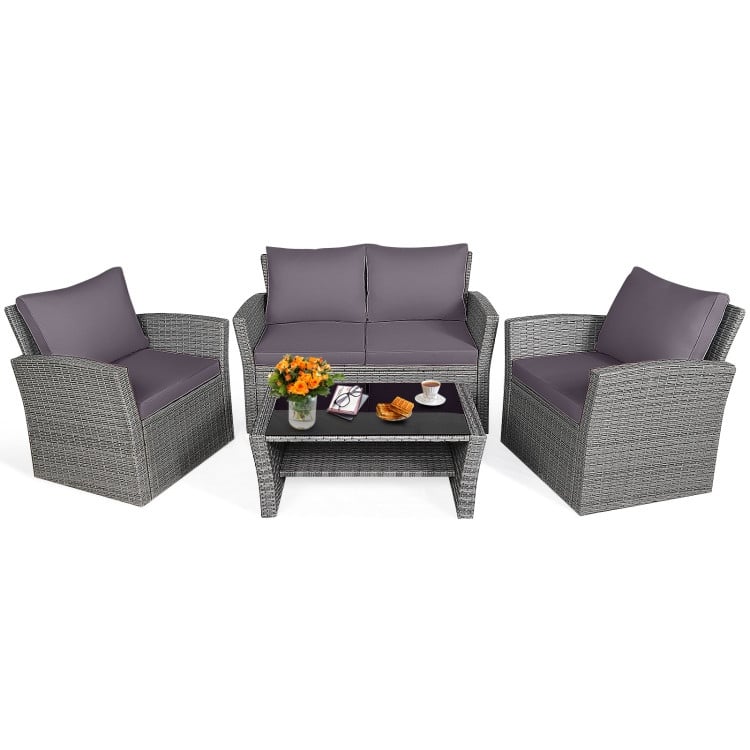 4 Pieces Patio Rattan Furniture Set Sofa Table with Storage Shelf Cushion - 48.5" x 26.5" x 30" (L x W x H)