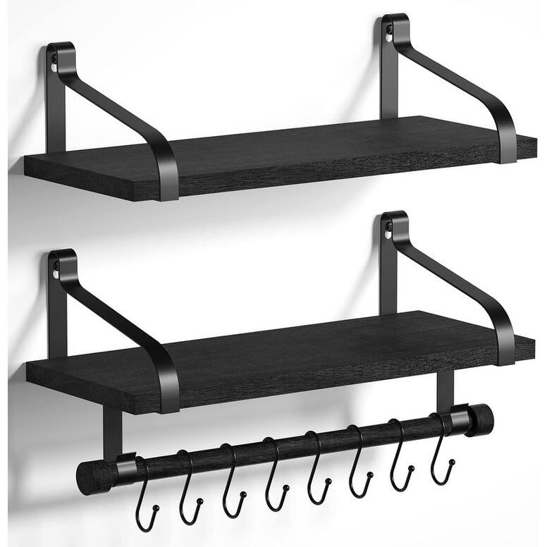 Floating Shelves for Coffee Bar,Bathroom Shelves with 8 Hooks - 7.3"D x 17.3"W x 8.27"H - Black