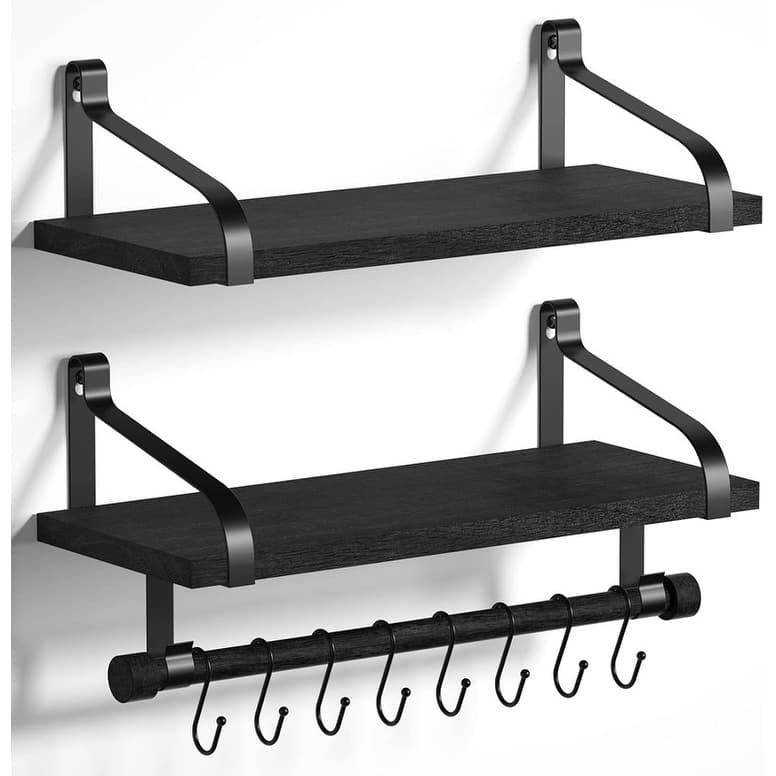 Floating Shelves for Coffee Bar,Bathroom Shelves with 8 Hooks - 7.3"D x 17.3"W x 8.27"H