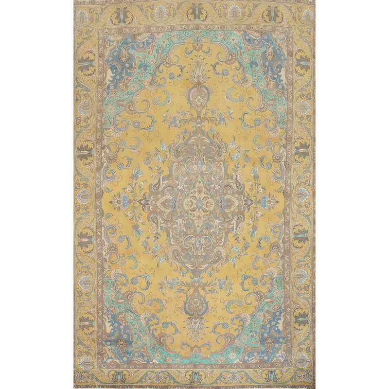 Hand Knotted Oriental 100% Wool Carpet Traditional Floral Yellow & Gold Tabriz Area Rug - 10' 11'' X 7' 6''