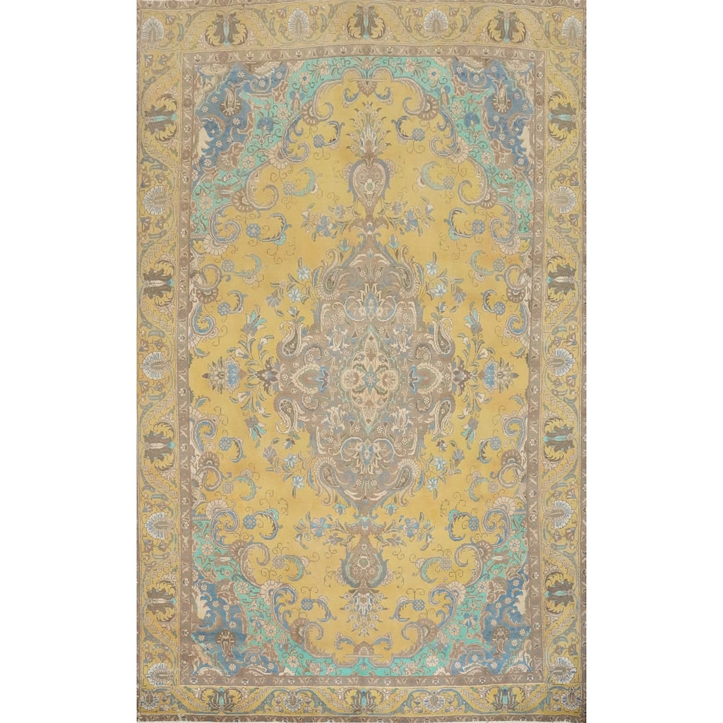Hand Knotted Oriental 100% Wool Carpet Traditional Floral Yellow & Gold Tabriz Area Rug - 10' 11'' X 7' 6''