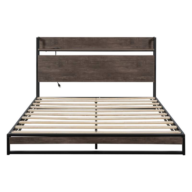 Mocha Wood Queen Platform Bed with Builtin Socket, Fast Assembly, and
