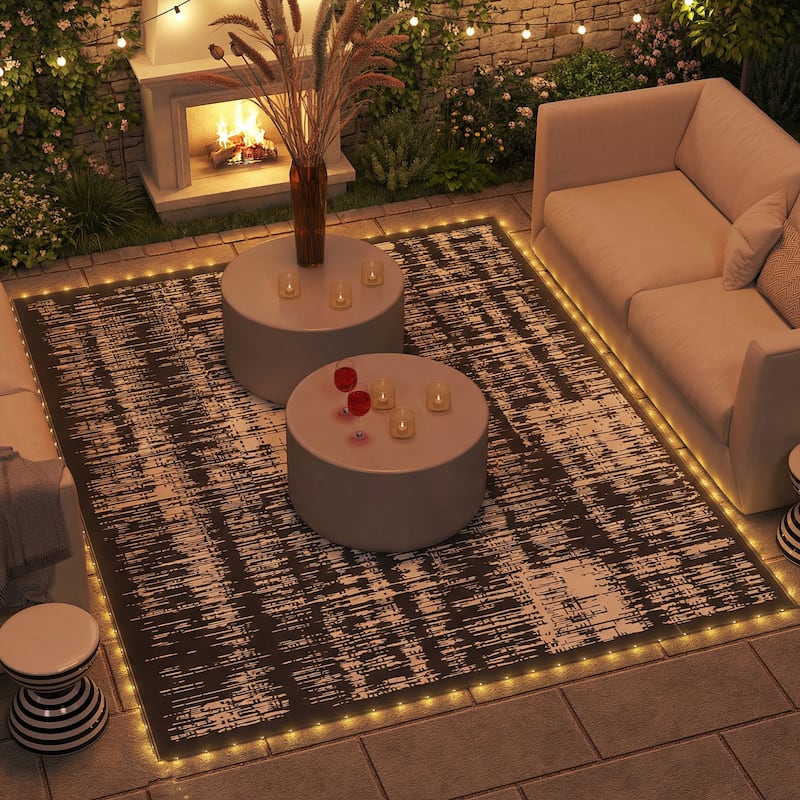 Outsunny Reversible Outdoor Rug Carpet with LED Lights, 10' x 8' PP Straw Rug - 8' x 10'