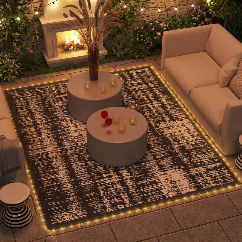 Outsunny Reversible Outdoor Rug Carpet with LED Lights, 12' x 9' PP Straw Rug, Portable RV Floor Mat - 9' x 12'