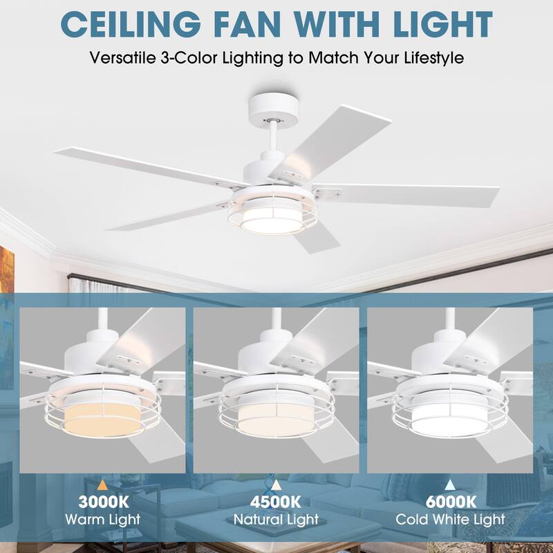52-in Industrial Metal Caged Ceiling Fan with Light and Remote, Reversible 5-Blade