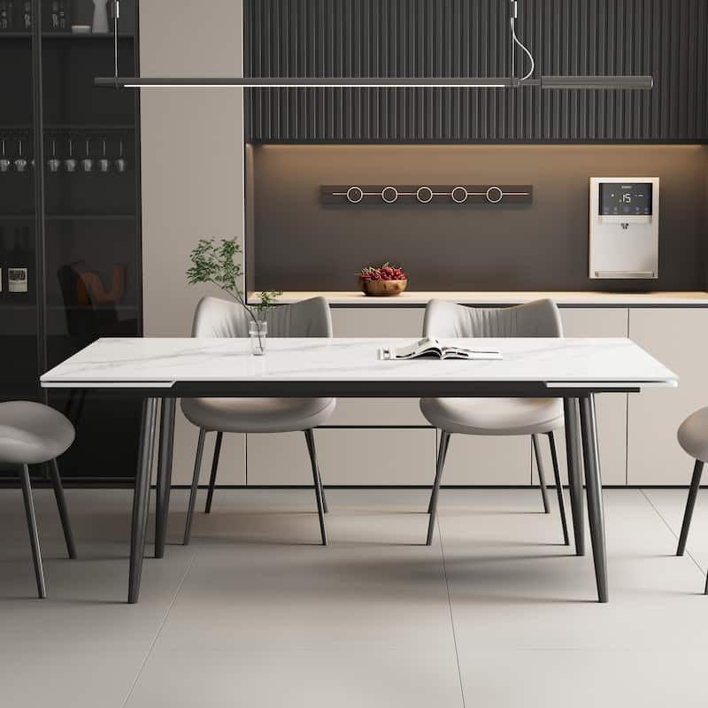 62.9'' to 94.4'' expandable Slate rectangular Glossy White kitchen Stone Top dining table stainless steel legs.