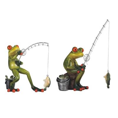 Q-Max 2-Piece Fishing Frog 6"H Statue Funny Animal Decoration Figurine Set