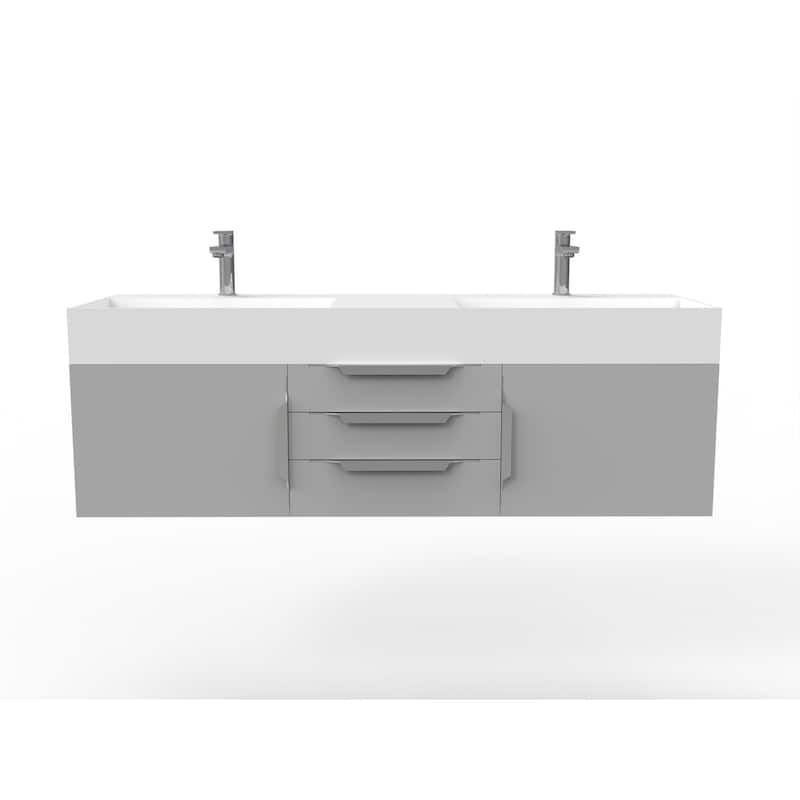 Amazon 60" Wall Mounted Bathroom Vanity Set w/ White Top - Grey - Brushed Nickel Finish