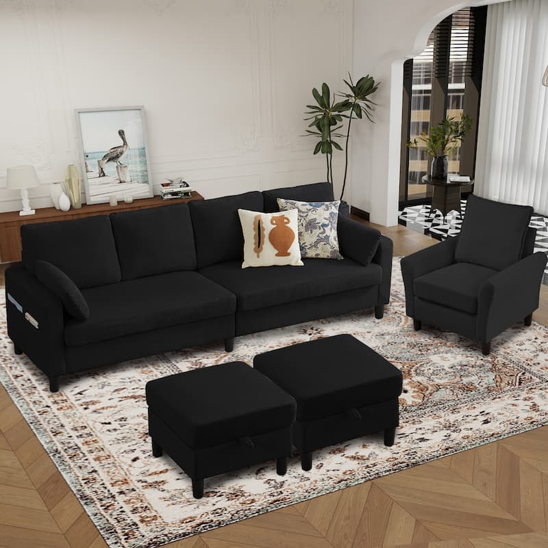 101"Corduroy 3 Piece Living Room Set Including 4 Seater Sofa ,2 Storage Ottoman and Chair - Black