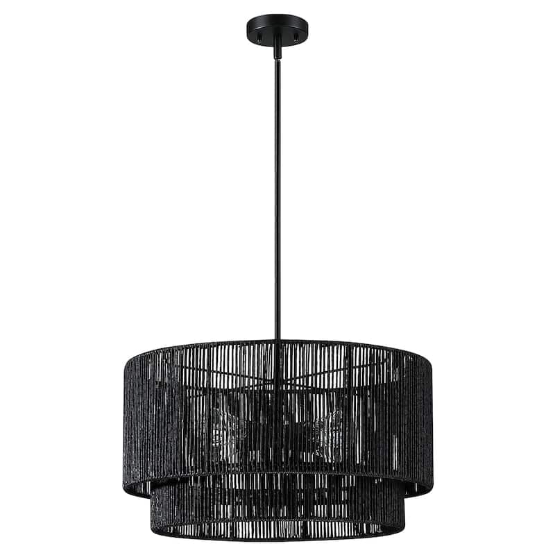 Cynthia 4-Light Black Rattan Drum Chandelier Light - 22''W
