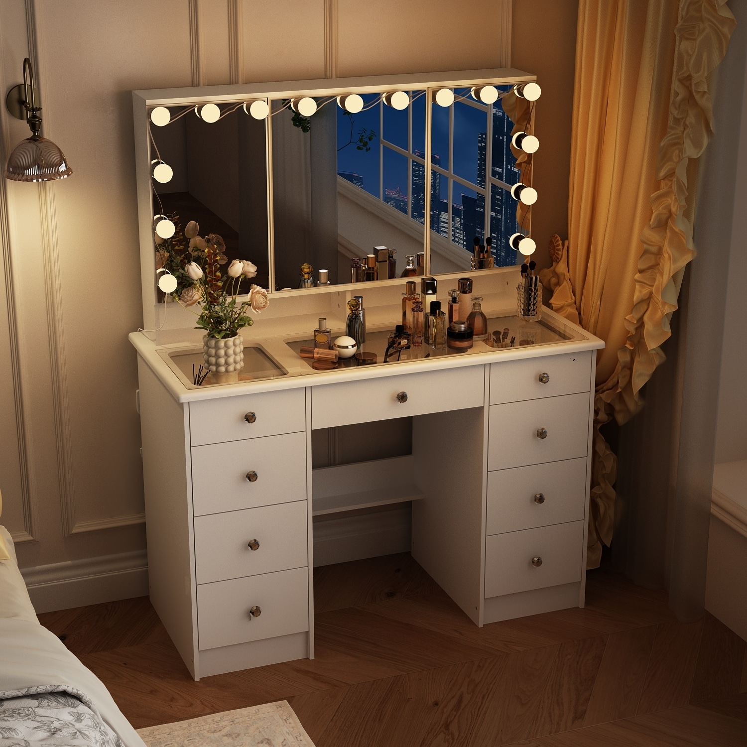 Glass Top Soft-Close Adjustable Lighting Vanity Dresser Vanity Makeup Table Dressing Table