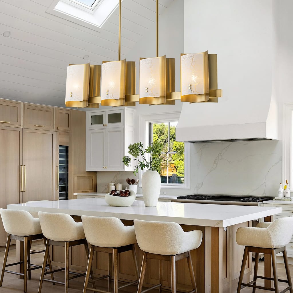 8-Light Gold Linear Chandelier Crackle Glass Pendant Light Kitchen - 4-Lights