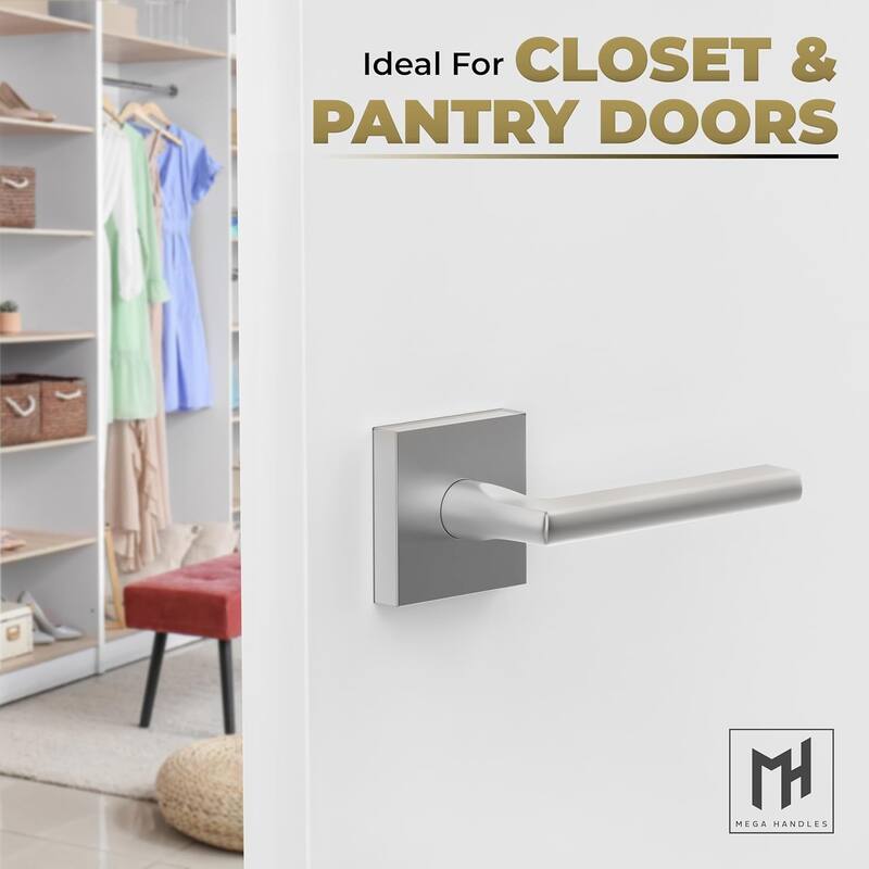 Mega Handles PRIME Reversible Dummy Interior Door Levers with Square Rosette for French Doors & Closets, Modern Stainless Steel