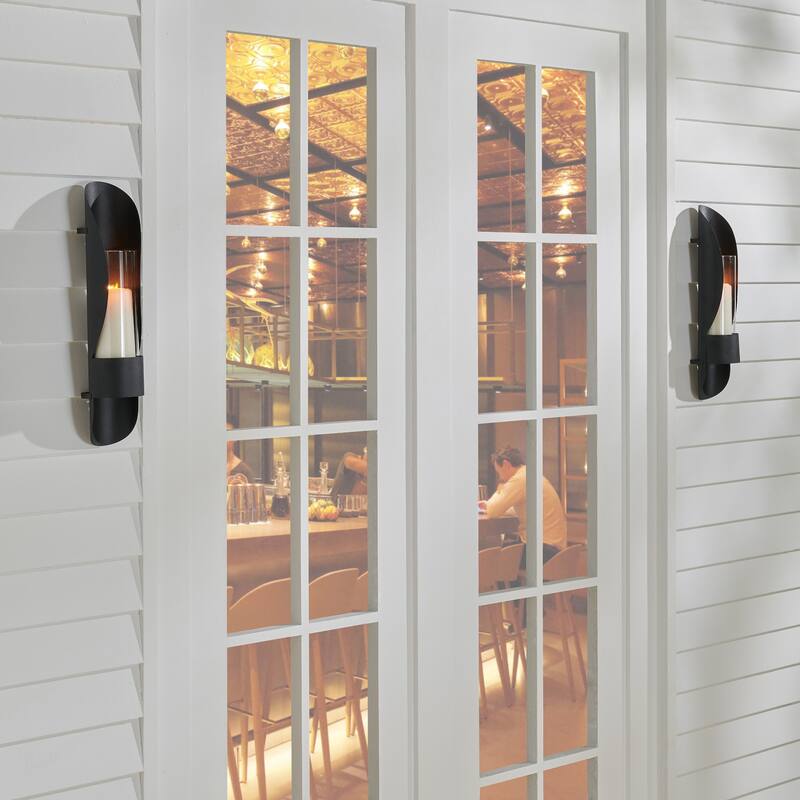 Curved Wall Sconce Candle Holders with Glass Insert - 18.75" - Black - Set of 2