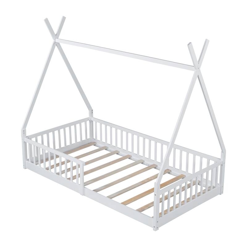 Roomfitters Twin House Bed Frame with Fence, Wood Slats, Floor Bed for Cozy Bedroom Spaces