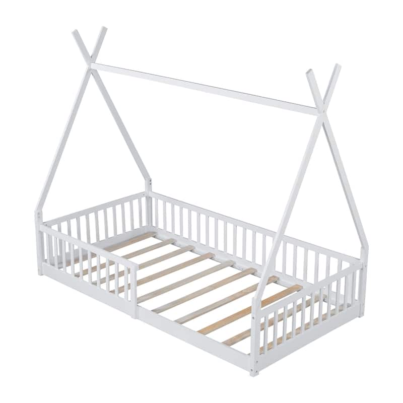 Twin Size Floor Bed, Platform Bed Frame with Fence and Roof, Solid Wood Playhouse Bedframe w/Open Door, No Box Spring Needed