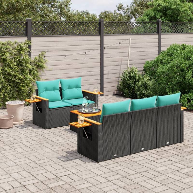 vidaXL 6 Piece Patio Sofa Set with Cushions Black Poly Rattan - 21.7 x 24.4 x 27.2