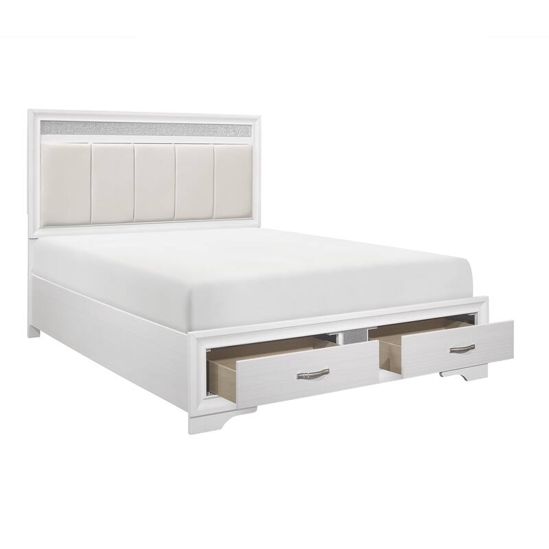 Queen Platform Bed with Drawers Storage, Upholstered Headboard, Silver Glitter Accent, White Finish