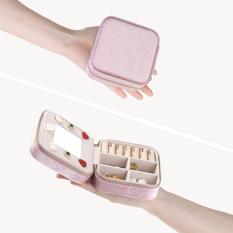 Travel Jewelry Box with Mirror for Birthday Gifts, Small Portable Plush Velvet Jewelry Organizer Case Storage Display Holder