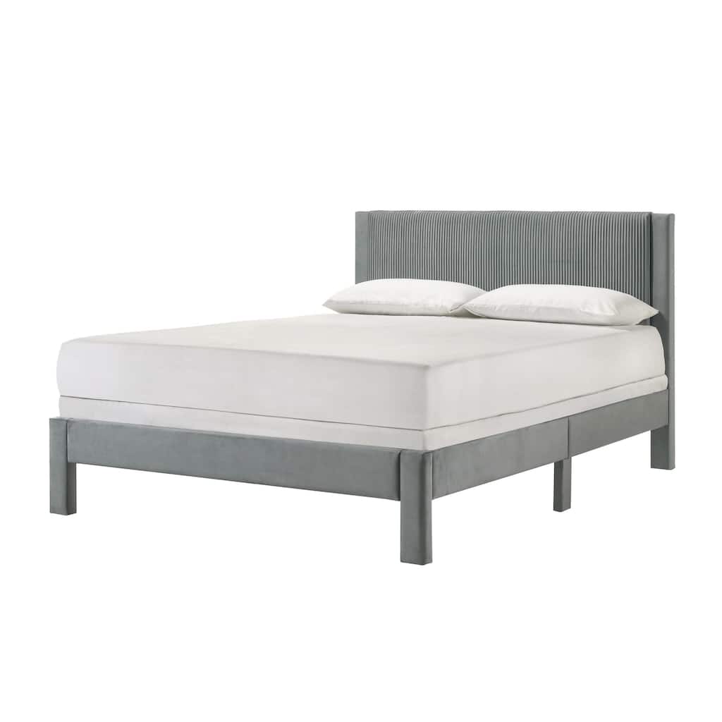 Cery Queen Size Platform Bed, Light Gray Upholstery Textured Headboard