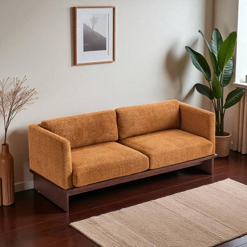77" Modern Boucle Sofa, 3-Seater Upholstered Couch with Solid Wood Base and Square Arms for Living Room