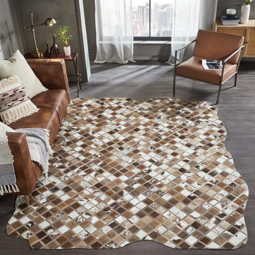 Pelle Leather Mosaic Squares Abstract-Edged Area Rug