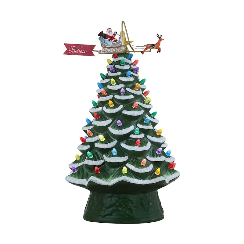 90th Anniversary Collection - 16" Lit Ceramic Tree with Animated Santa's Sleigh, Green