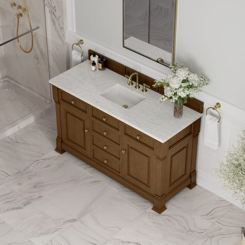 Brookfield 60S" Single Vanity, Honey Oak - Eternal Jasmine Pearl