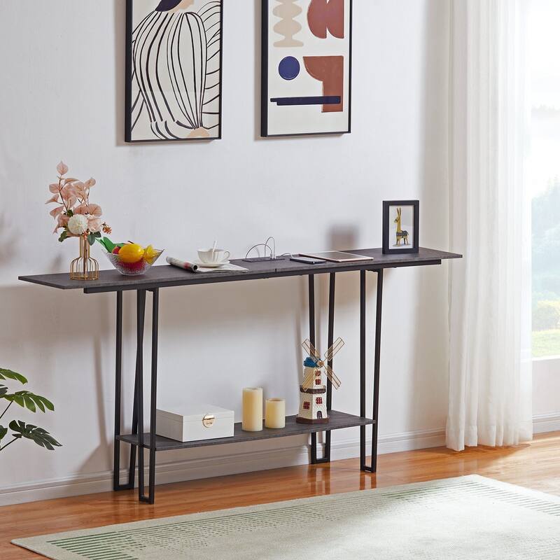 Console Table with Outlets for Entryway, Sofa Table with Wood Shelves, Industrial Entryway Table Foyer Table