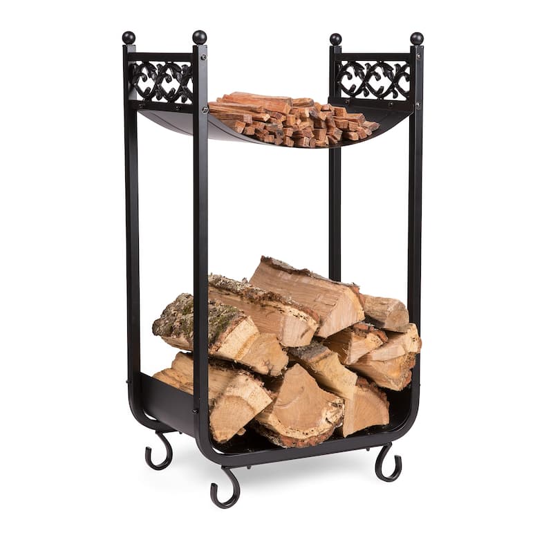 Compact Log Rack, Cast Iron with Scrollwork Design - Black
