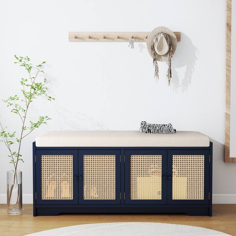 Upholstered Storage Bench with Cabinet Rattan Style Wood Cabinet