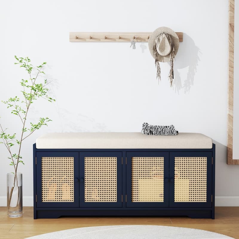 Upholstered Storage Bench with Cabinet Rattan Style Wood Cabinet