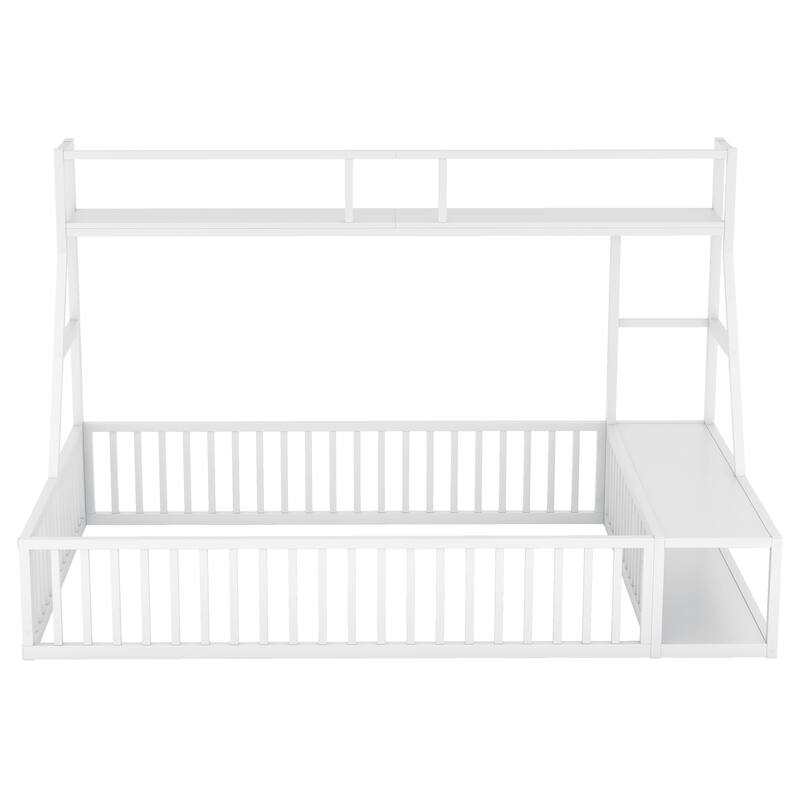 Kids Full Size Floor Bed with Safety Fence, Metal Frame, Desk & Storage - Playhouse Design, Black