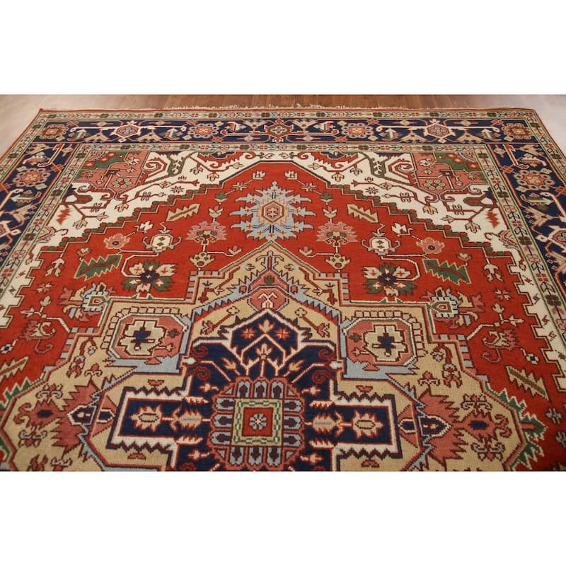 Orange Geometric Heriz Serapi Area Rug Handmade Oriental Wool Carpet - 9'0"x 11'8"