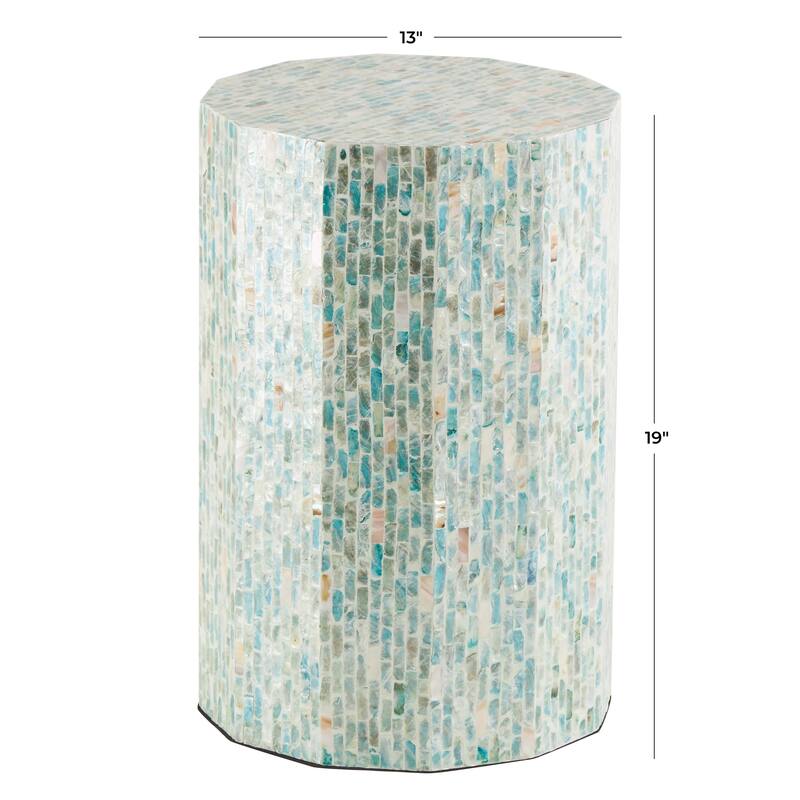 Mother of Pearl Shell Handmade Mosaic Inlay Drum Side End Accent Table - Blue - Roche River Decor
