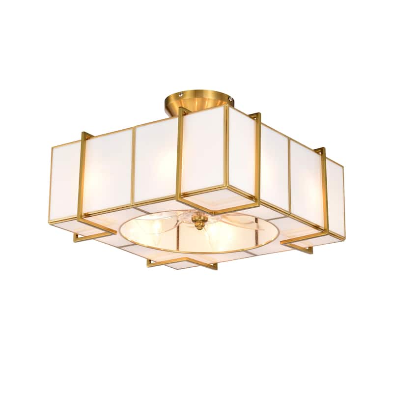 Olapine Square White Gold Trim Tiffany Glass Lighted Ceiling Fandelier with Remote