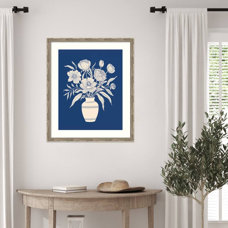 Flower Bouquet Vase on Blue by The Creative Bunch Studio Wood Framed Wall Art Print - Mila Dark Silver