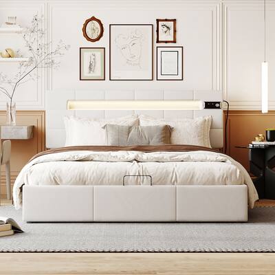 Queen Size Upholstered Bed with LED Light and Integrated Bluetooth Audio System,Beige