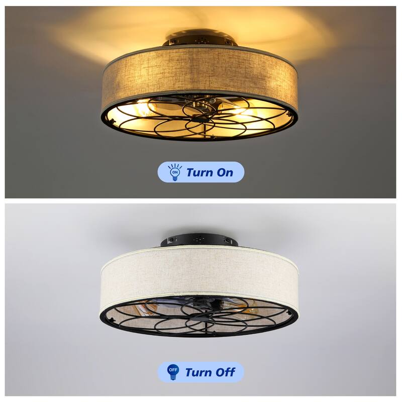 Sofucor 20 Inch Caged Ceiling Fans Flush Mount,Low Profile Fabric Farmhouse Ceiling Fan with Remote Control - N/A - Burlap-2(Bulbs not included)