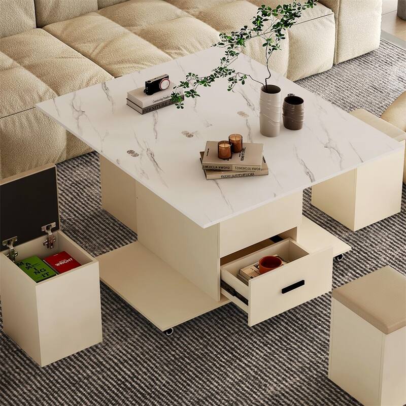 Modern Lift-Up Coffee Table with 4 Stools and 2 Drawers