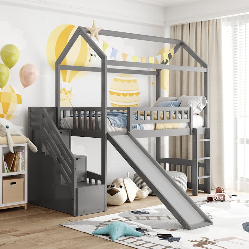 Twin Loft Bed with Two Drawers and Slide, House Bed with Slide Bed